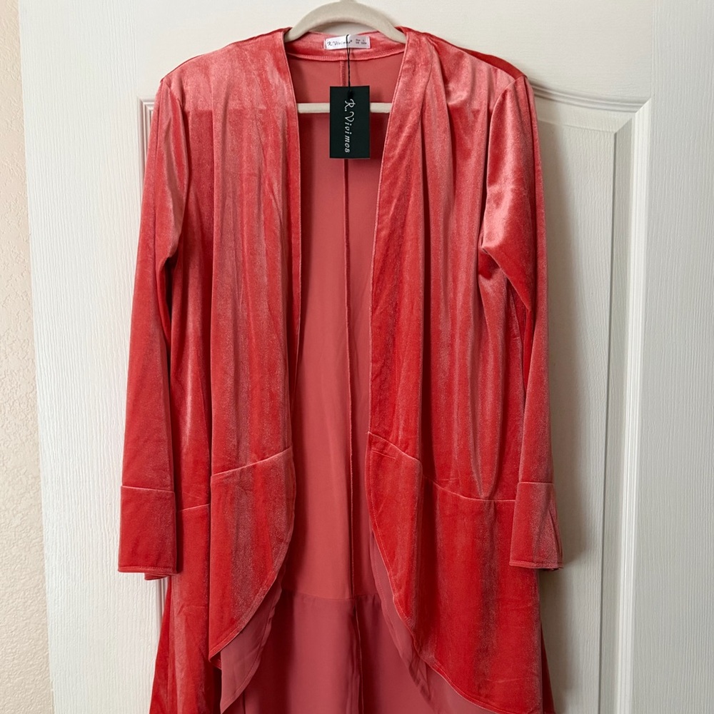 Coral Crushed Velvet Open Front Cardigan